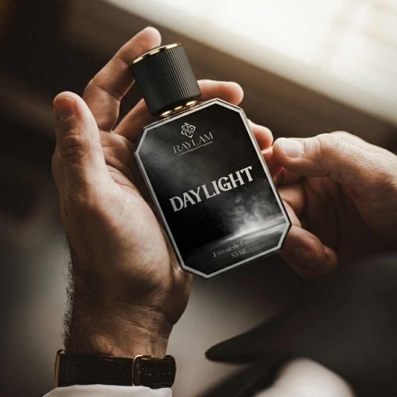 Raylam Daylight perfume for men 55ml black bottle in warm golden light
