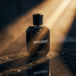 Raylam Daylight men's Eau de Parfum black bottle in warm sunrise light