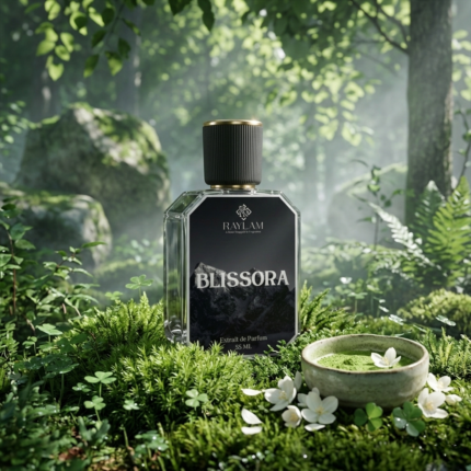 Raylam Blissora green serene unisex perfume 55ml bottle on moss