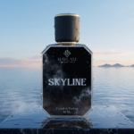 Raylam Skyline fresh aquatic men's perfume bottle on dawn ocean water