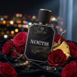 Raylam Noctis unisex perfume bottle on black velvet with red roses and gold dust