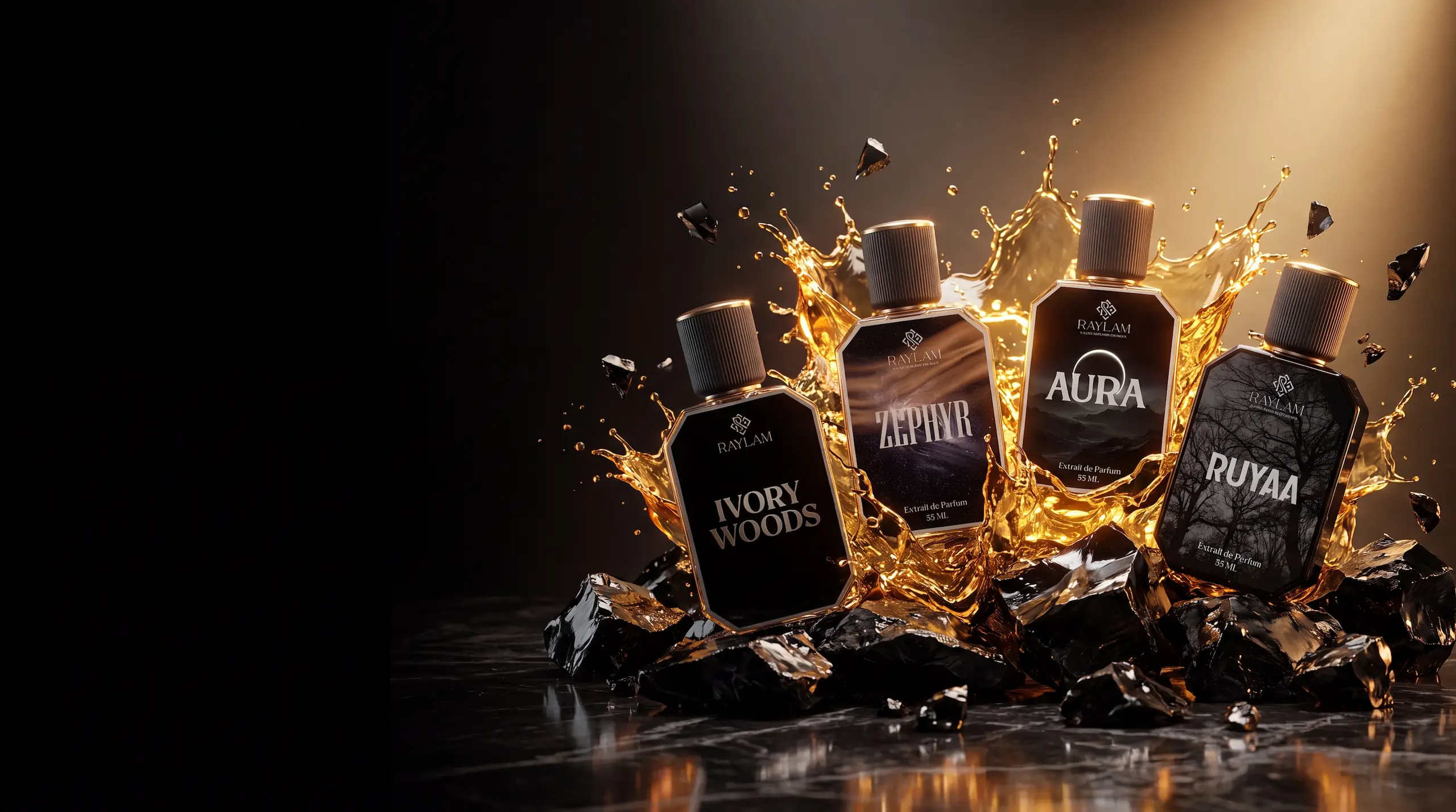 Raylam Extrait de Parfum bottles with liquid gold