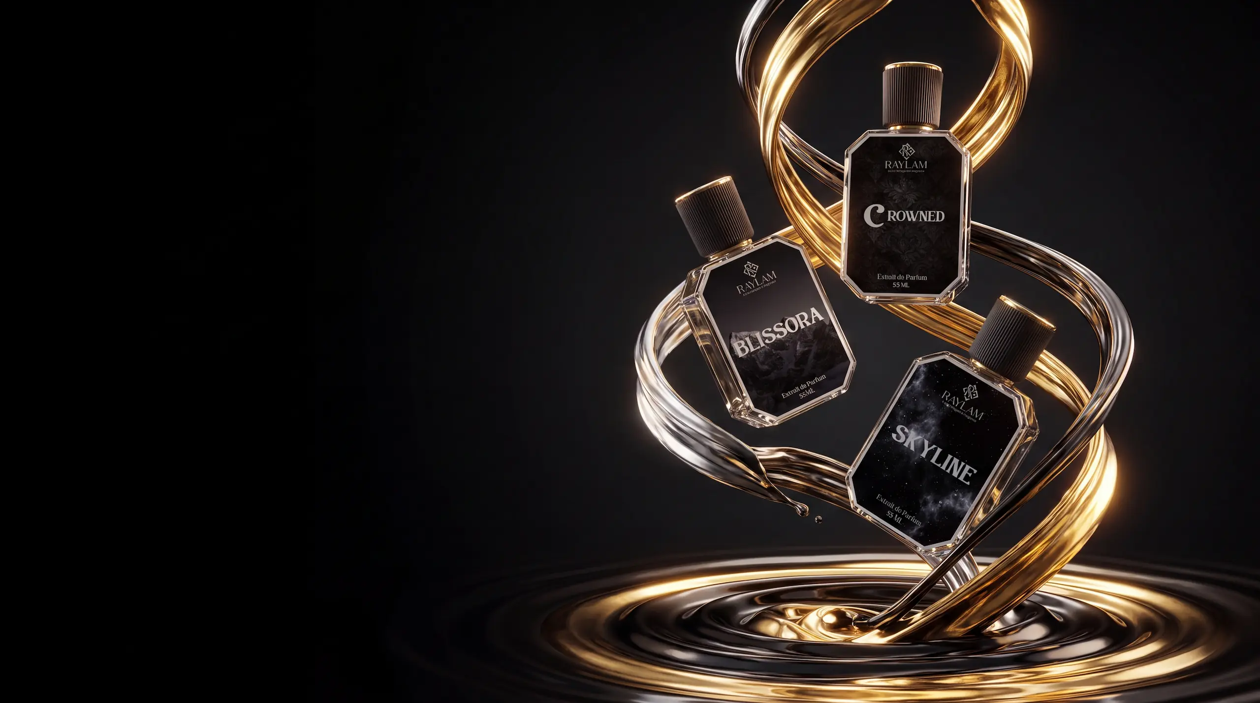 Raylam Extrait de Parfum bottles with liquid gold swirl
