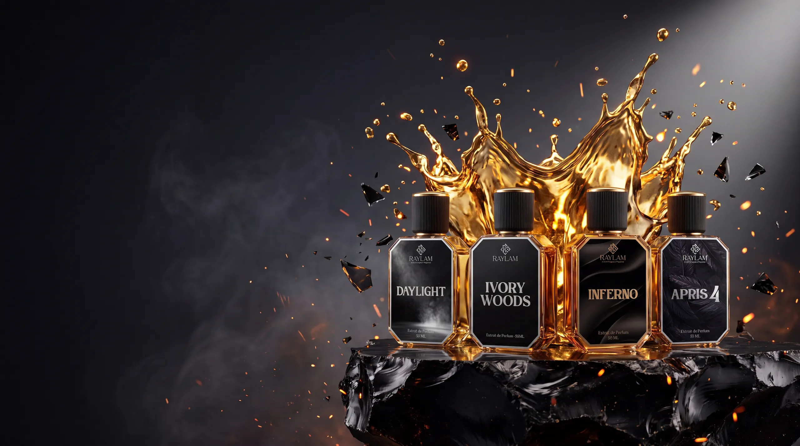 Raylam Extrait de Parfum bottles with liquid gold
